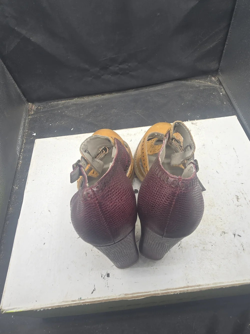 Hinge Women Two-Tone Mary Jane Heel in Mustard and Burgundy